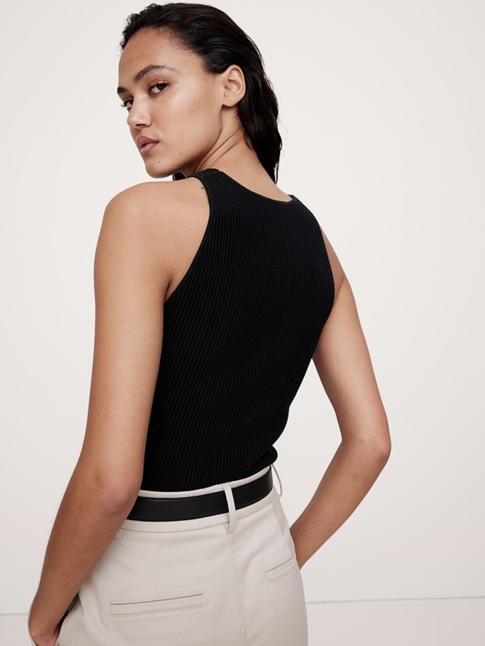 Banana Republic Top Tank Crew Neck Ribbed Basic Black Fitted Cotton Spandex Med